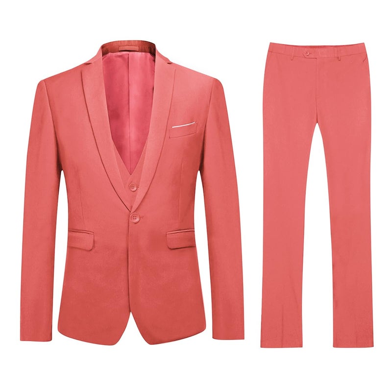 YFFUSHI Men's 3 Piece Suit Set One Button Solid Blazer Jacket Vest Pants for Business, Wedding and Prom Pink - Image 2
